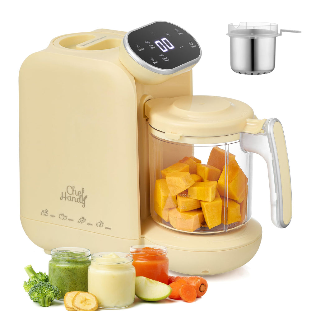 Chefhandy baby food maker in yellow, top view, ready for fresh purees.