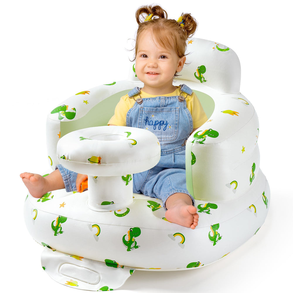 CHEPULA inflatable baby seat with dinosaur tray front view supports early sitting.