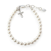 Cherished Moments cross bracelet close-up with Austrian pearls, ideal for infant christening keepsakes.
