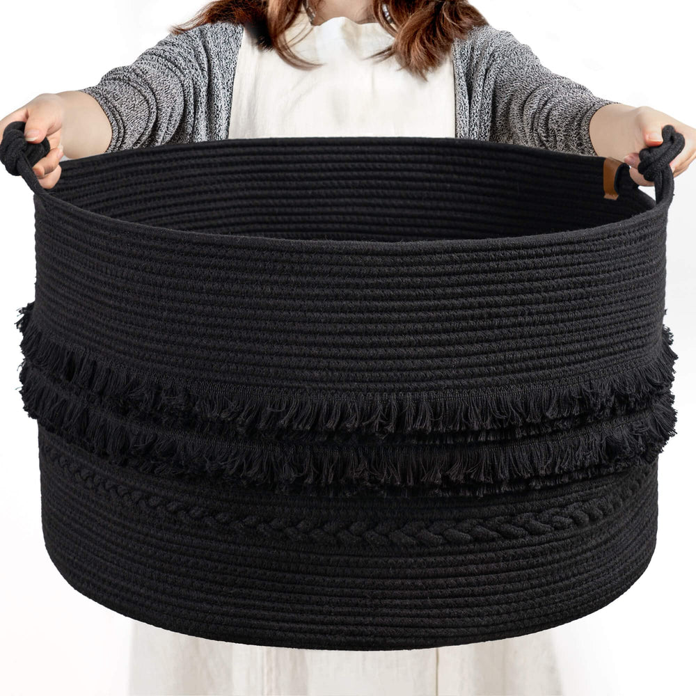CherryNow blanket basket in living room demonstrates stylish storage and decor.