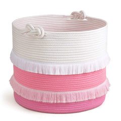 CherryNow pink rope basket top view highlighting durable cotton rope for toy organization.
