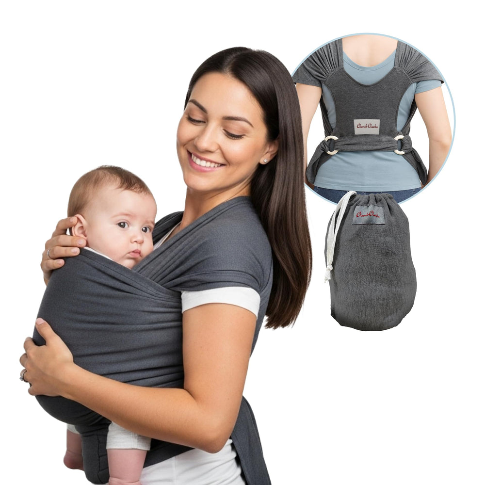 Cherub Cheeks baby carrier wrap in charcoal gray demonstrates hands-free mobility for daily errands.