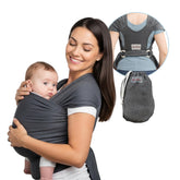 Cherub Cheeks baby carrier wrap in charcoal gray demonstrates hands-free mobility for daily errands.