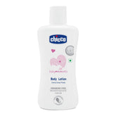 Chicco Baby Moments Body Lotion bottle closeup highlighting creamy hydration for baby skin.