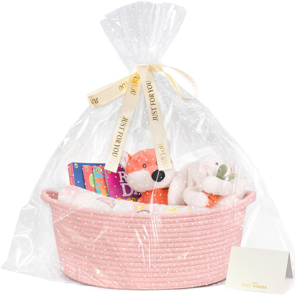 CHICVITA small woven basket in Baby Pink with gift bags for baby gifts and organization