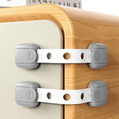 Child Safety Strap Locks cabinet use demonstrates adhesive mounting for quick safety.
