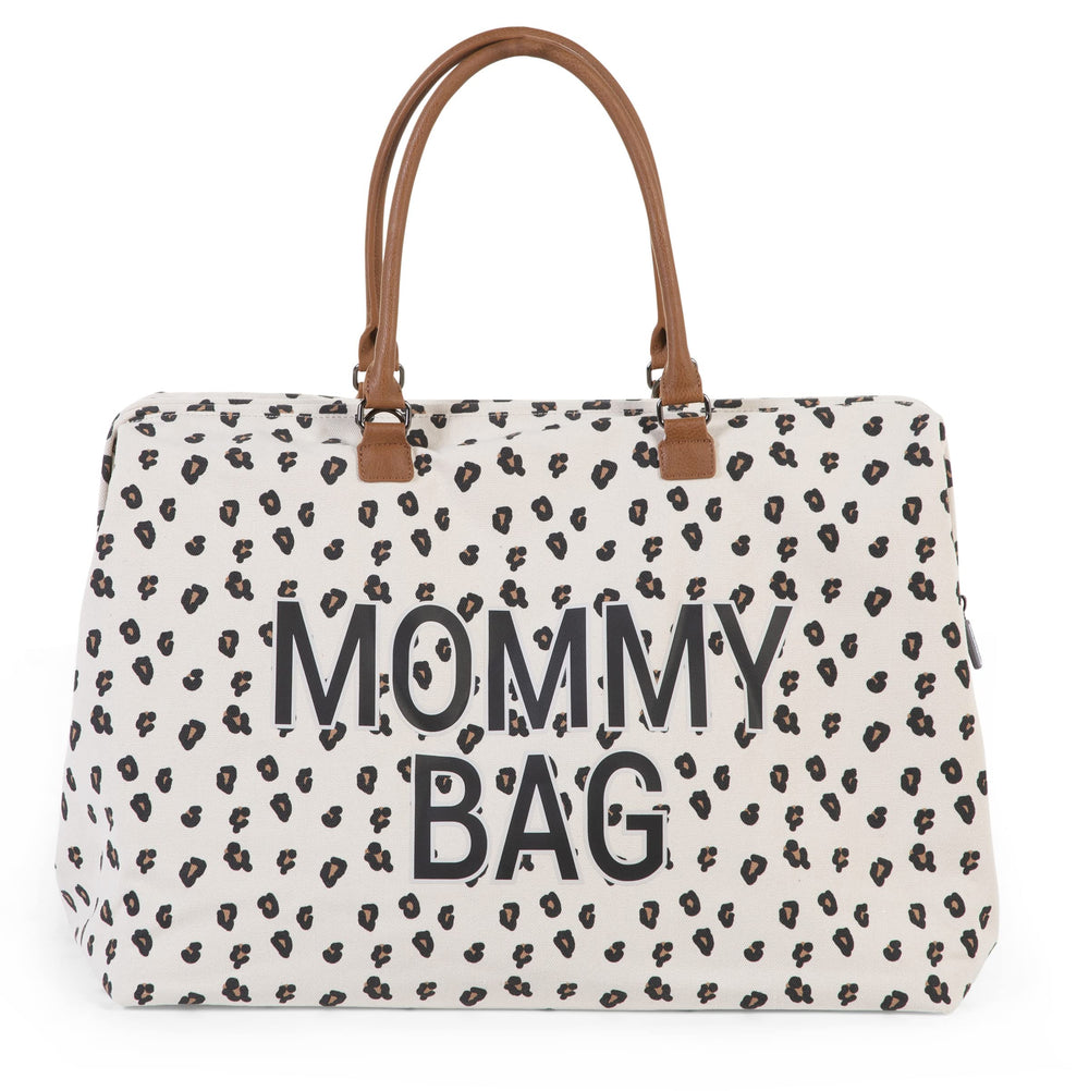 Childhome Mommy Bag Canvas Leopard open layout for easy access to baby essentials.
