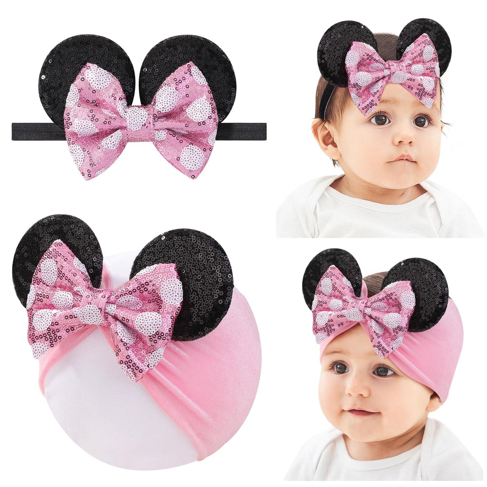 Choicbaby mouse ears headband pair on a newborn girl, soft stretch for delicate hair.