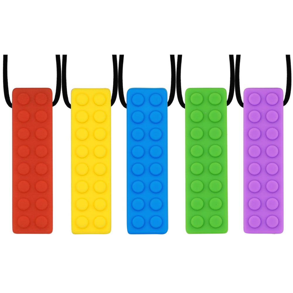 Choneer chew necklace with building-block pendant close-up for textured oral sensation