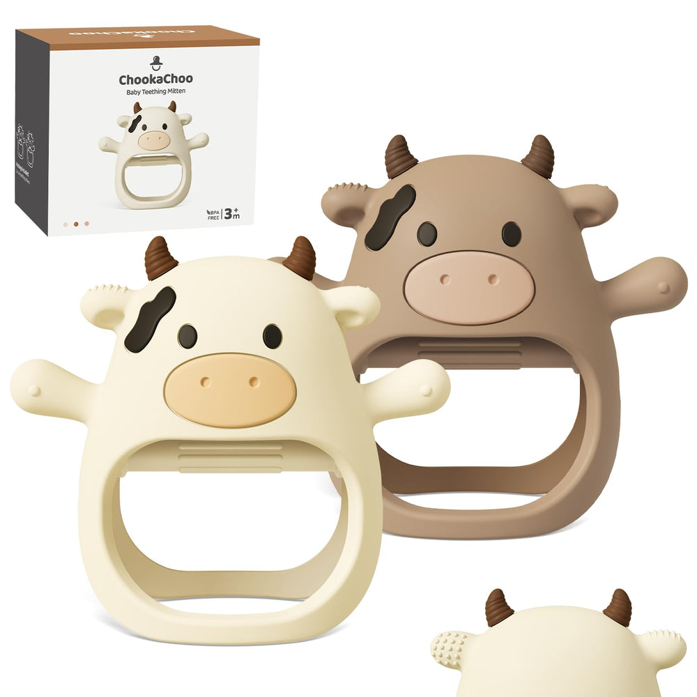 ChooKaChoo teething mitten on a baby's hand for gentle soothing.