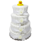 Choobly four-tier diaper cake kit in assembly stage, ideal centerpiece for baby showers.