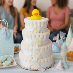 Choobly diaper cake with rubber ducky topper ready to wow guests at baby showers.