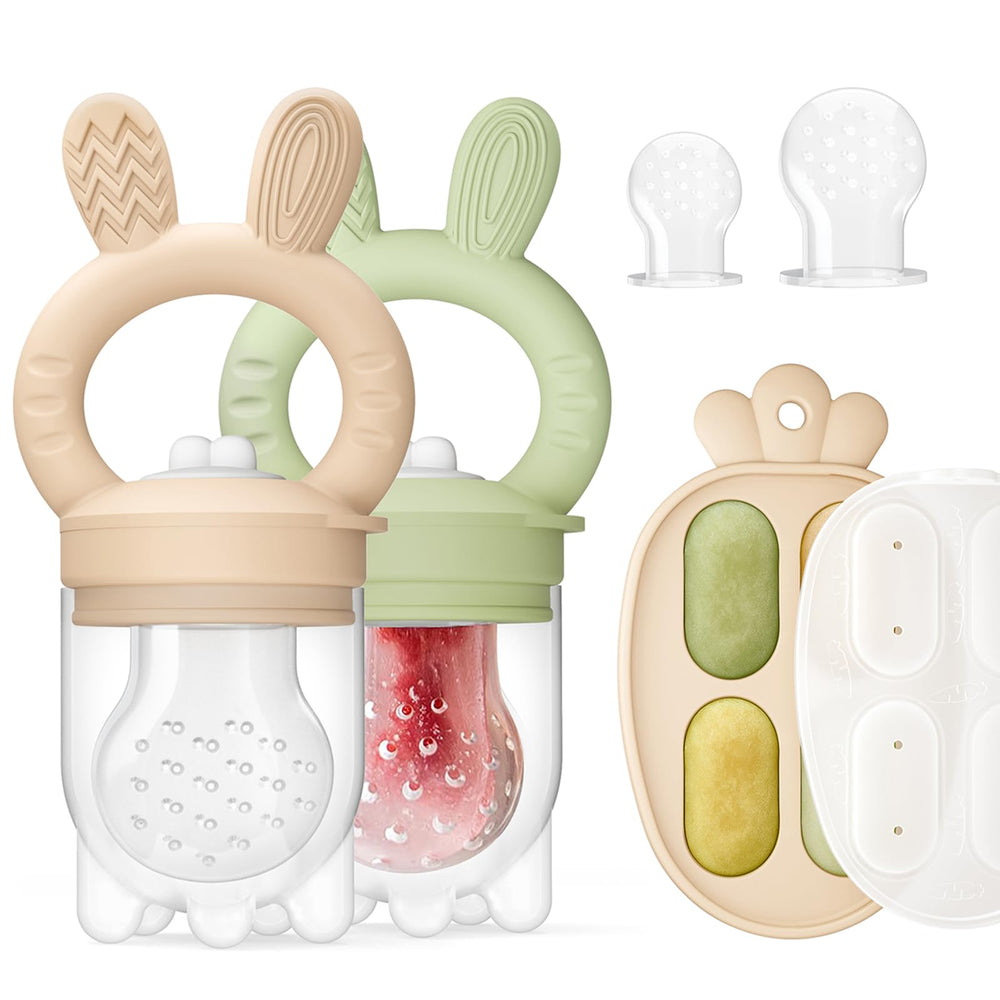 ChooKaChoo baby feeder 2-pack in caramel and olive promotes self-feeding.