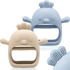ChooKaChoo baby teething mitten blue on hand soothes gums during playtime
