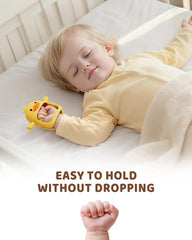 Two-color Duckie teether set highlights anti-drop wrist design for easy grasp.