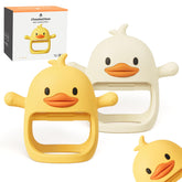ChooKaChoo Duckie teether mitten on baby's hand, soothing gums with textured silicone.