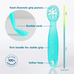ChooMee FlexiDip learning utensils close-up with kid friendly handles for self feeding.