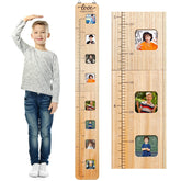 Chunful wooden growth chart on wall with photo frames records kids milestones.