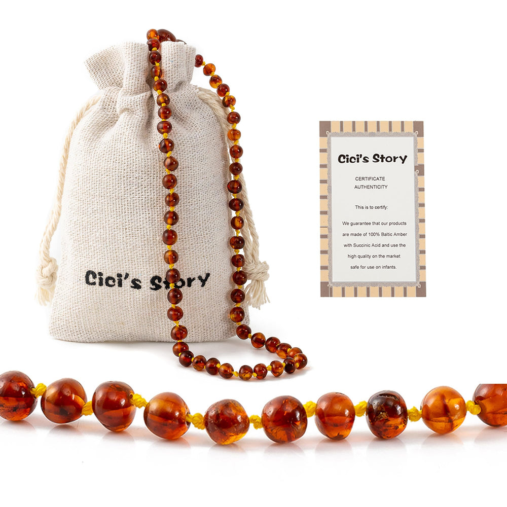 Cici's Story Baltic Amber Necklace cognac close-up highlighting authentic amber beads for timeless style.
