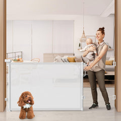 Cideny 76-inch retractable gate in a wide doorway for versatile safety and easy access.