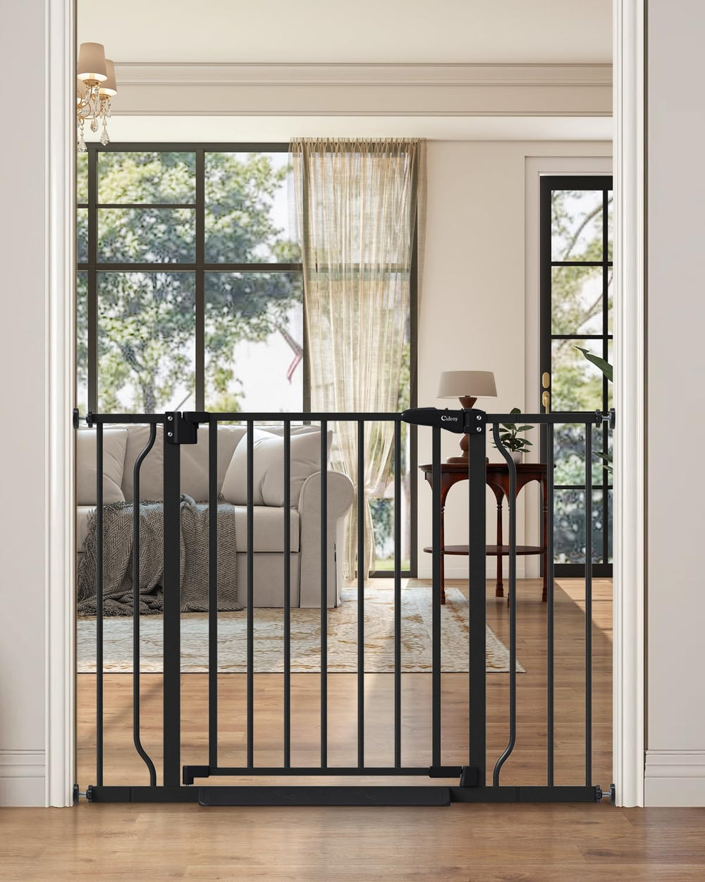 Cideny baby gate on stairs showing auto-close feature for safer passage