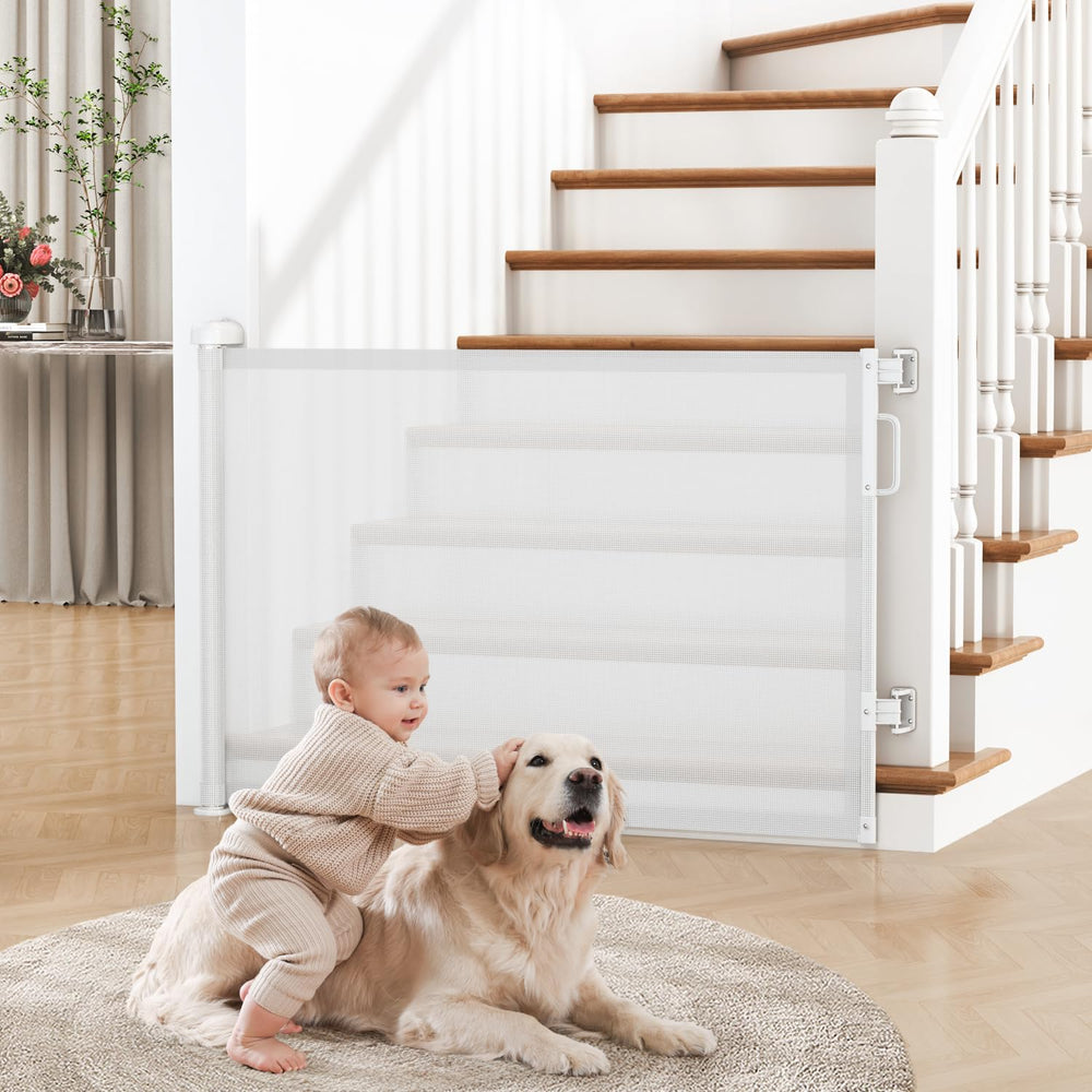 Cideny retractable gate on stairs provides a wide, flexible opening for safe pet and child passage.