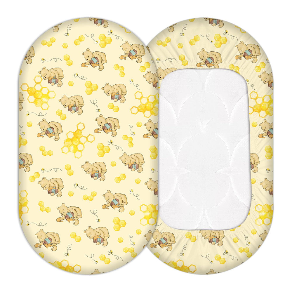 cidobi Winnie bassinet sheet honey theme closeup fabric showing soft breathable texture for baby comfort