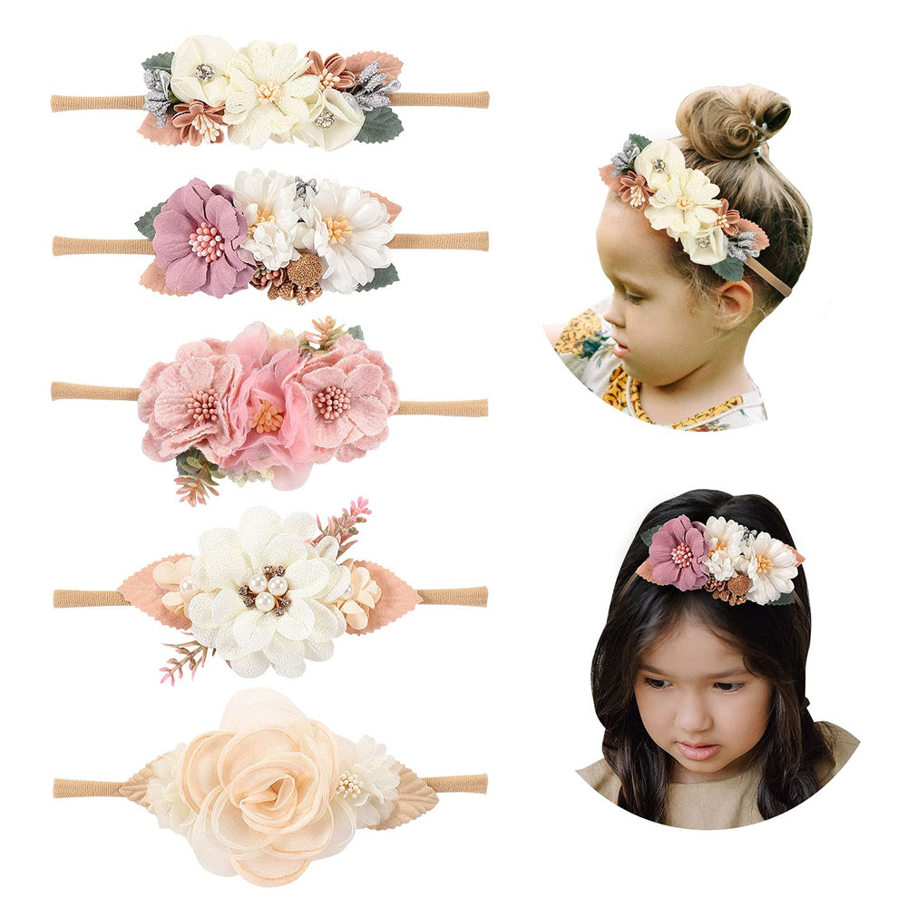 Cinaci 5 Pack headbands display white and pink rose flowers for baby outfits.