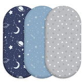 Civarua Kids bassinet sheets 3-pack laid out to show universal fit for multiple bassinet shapes