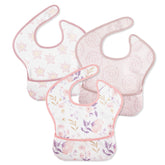Civarua Kids mess proof bib front view with pink floral pattern catching spills