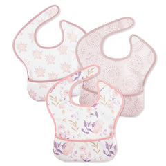 Civarua Kids mess proof bib front view with pink floral pattern catching spills