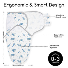 Civarua Kids swaddle blue dinosaur closeup velcro shows gentle adjustable fastenings for secure swaddling.