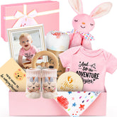 Ciyufavo baby gift basket pink box, ready to gift for a newborn.