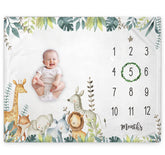 Ckewfaz Popfavors Yuzioey Safari milestone blanket front view with jungle animals for monthly growth photos.