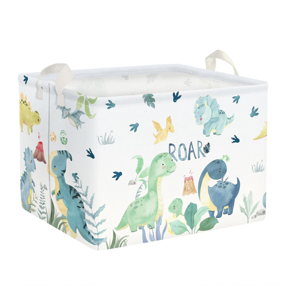 Clastyle Adorable Watercolors Green Dinosaur Shelf Basket with dinos on shelf—perfect toy storage.
