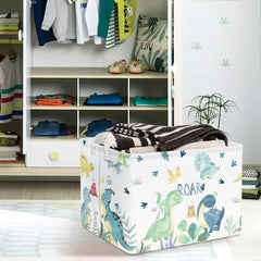 Clastyle Adorable Watercolors Green Dinosaur Shelf Basket on shelf—space-saving design.