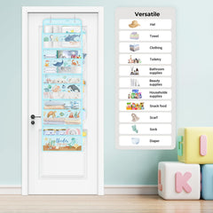 Clastyle Ocean Animals fish door organizer highlights easy-to-reach diapers and wipes behind the door.