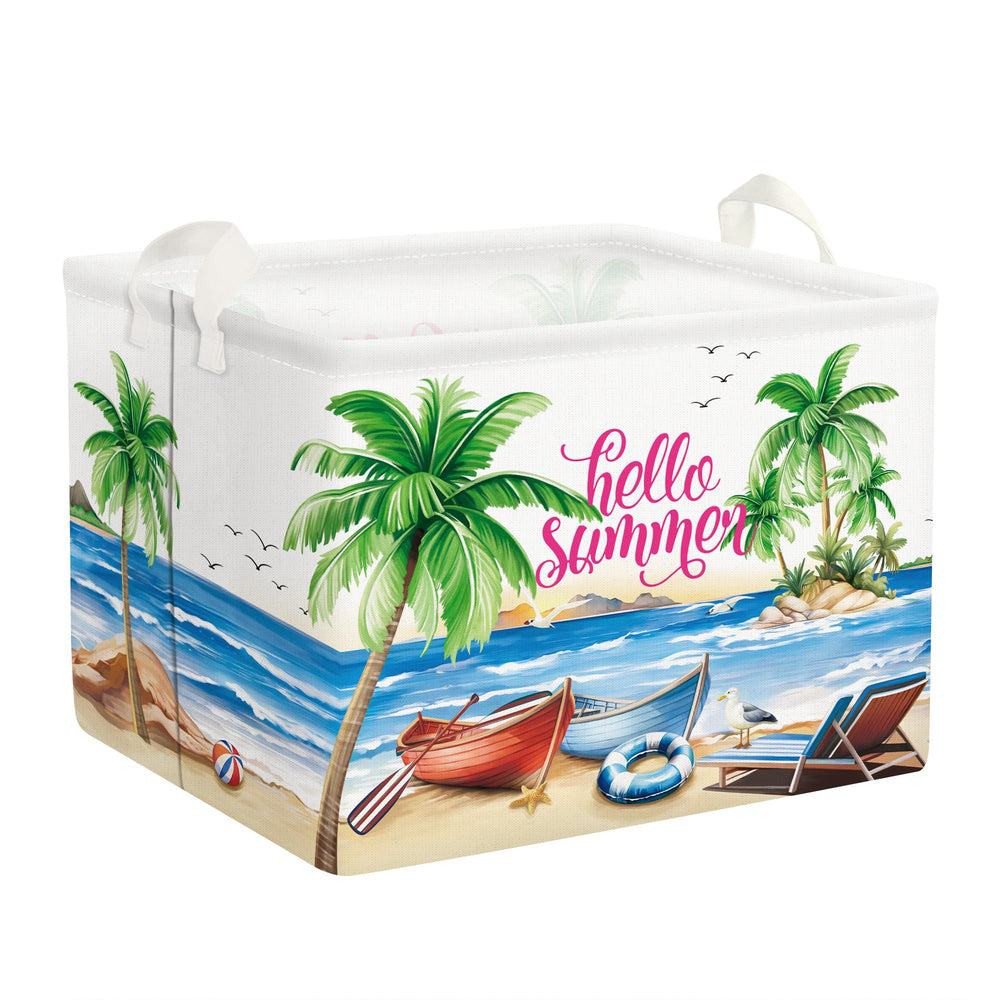 Clastyle palm-tree lounger basket with collapsible design for tidy beach gear storage.