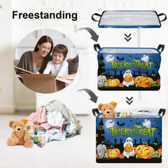 Clastyle spooky pumpkin basket in playroom demonstrates portable soft-sided storage for plush toys.