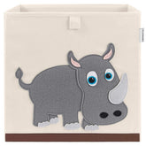 CLCROBD Rhino cube bin front view shows durable fabric and playful nursery design for kids.