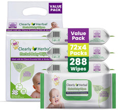 Clearly Herbal baby wipes with flip-top dispenser for quick, mess-free access.