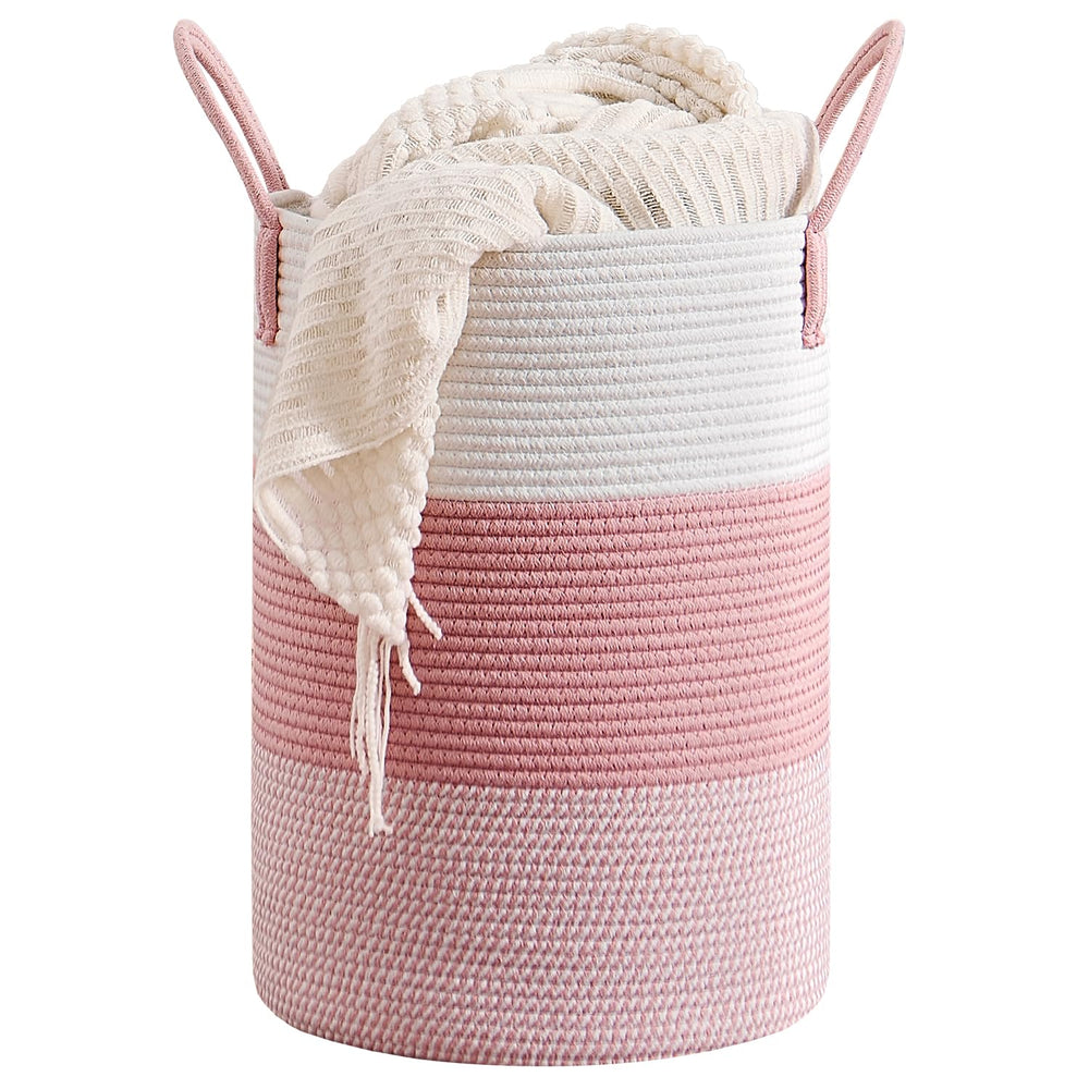 CLHMILY&Z 60L pink round rope basket front view for laundry organization