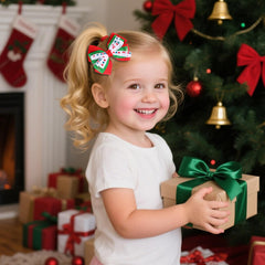 Clipband Christmas hair bow green alligator clip secure for toddlers.
