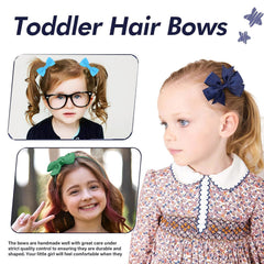 Clipband navy bows and headband on a girl's hair for easy school styling.