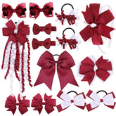 Clipband burgundy-and-white school set shows durable grosgrain bows with easy clips for busy mornings.