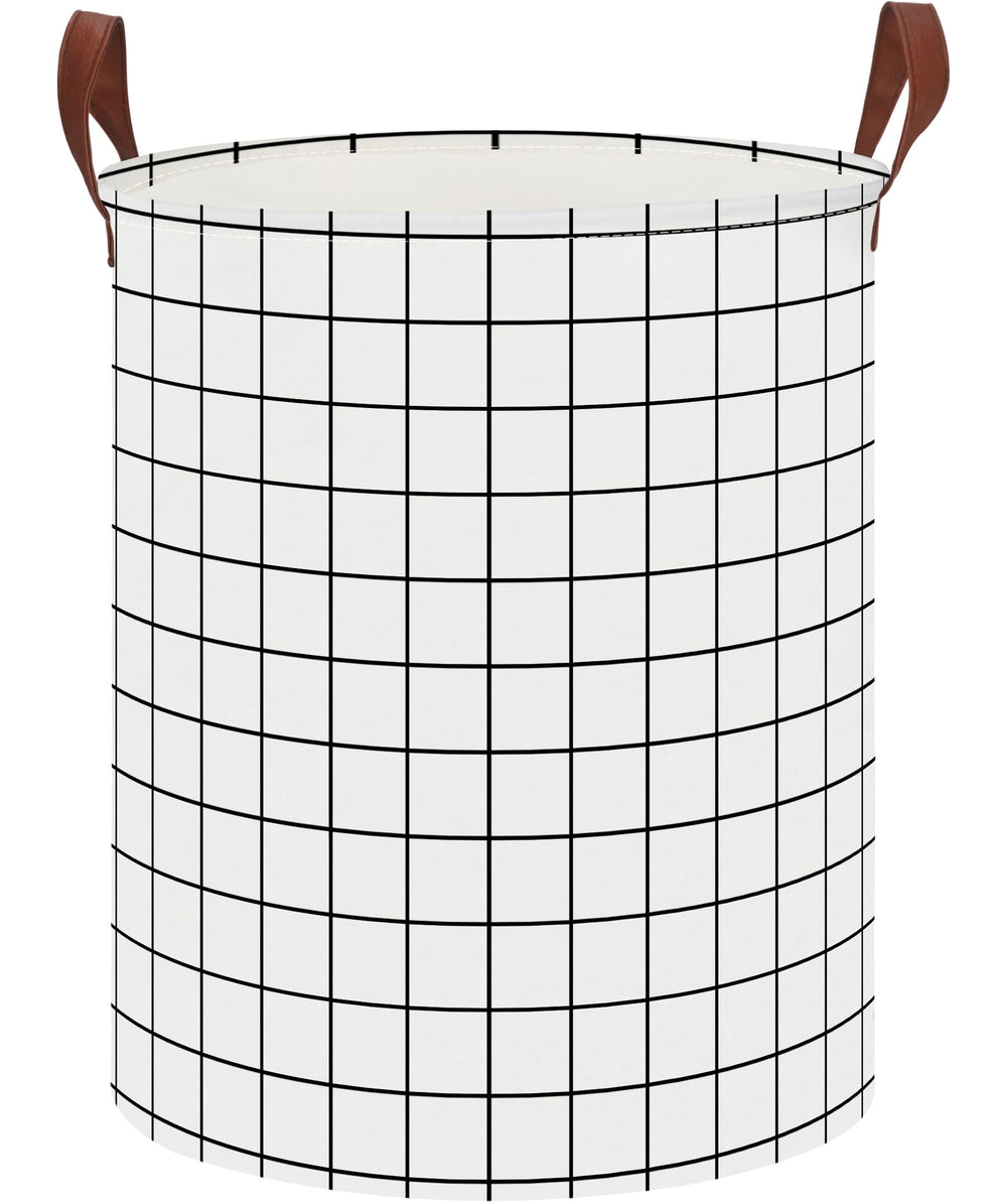 CLOCOR collapsible round hamper full view shows space-saving white check design for organization