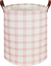 CLOCOR Kids Laundry Basket pink grid side view shows sturdy construction for toy storage