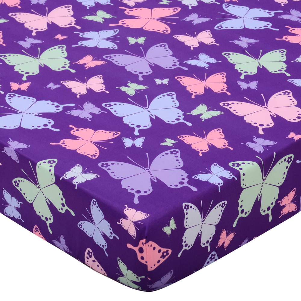 Cloele butterfly fitted sheet close-up shows soft polyester fabric for a cozy nursery sleep.