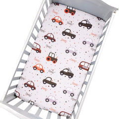 Cloele car pattern crib sheet close up, playful design for nursery decor