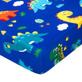 Cloele Dinosaur Fitted Crib Sheet folded with blue dinosaur print for quick nursery setup.